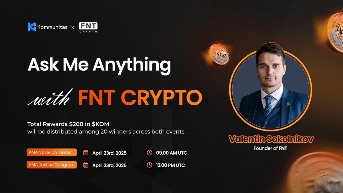 kommunitasnet's tweet photo. Kommunitas x FNT Crypto AMA

We're hosting an exciting AMA with Valentin Sokolnikov, Founder of @fntcrypto_io!

AMA Voice
📆 April 23, 2025
⏰ 09:00 AM UTC
📍 https://t.co/C6tiYEugYB

AMA Text
📆 April 23, 2025
⏰ 12:00 PM UTC
📍 https://t.co/ApirlnPOCP

💰 Total Rewards: $200 in $KOM for 20 winners