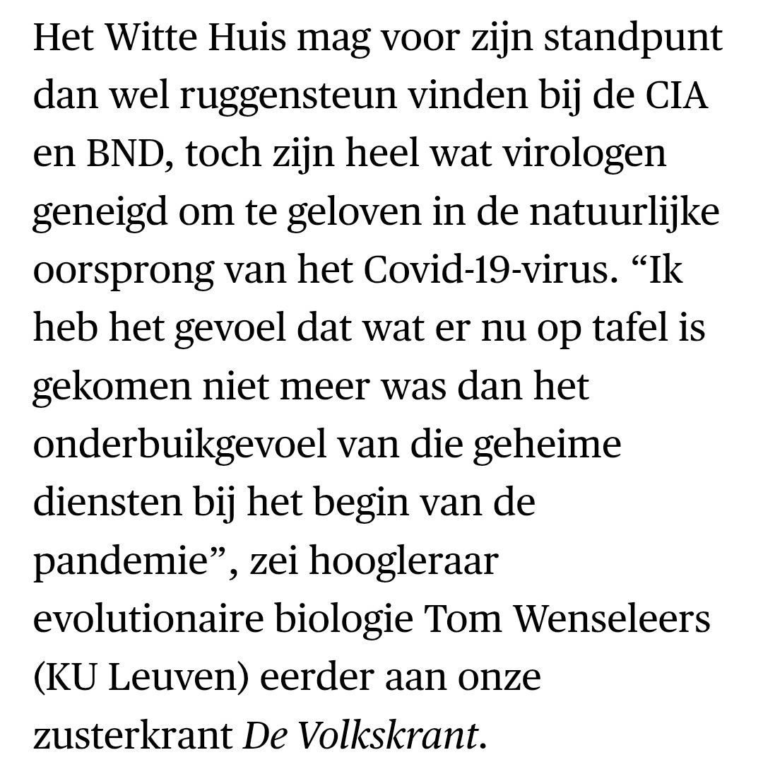 Wat een erbarmelijke berichtgeving over de oorsprong van COVID in <a href="/demorgen/">De Morgen</a> en de <a href="/volkskrant/">de Volkskrant</a>... 🙄
Zeggen dat heel wat virologen geloven in natuurlijke oorsprong, een evolutionair bioloog citeren als bewijs, en zwijgen over de vele wetenschappers (incl virologen, epidemiologen,