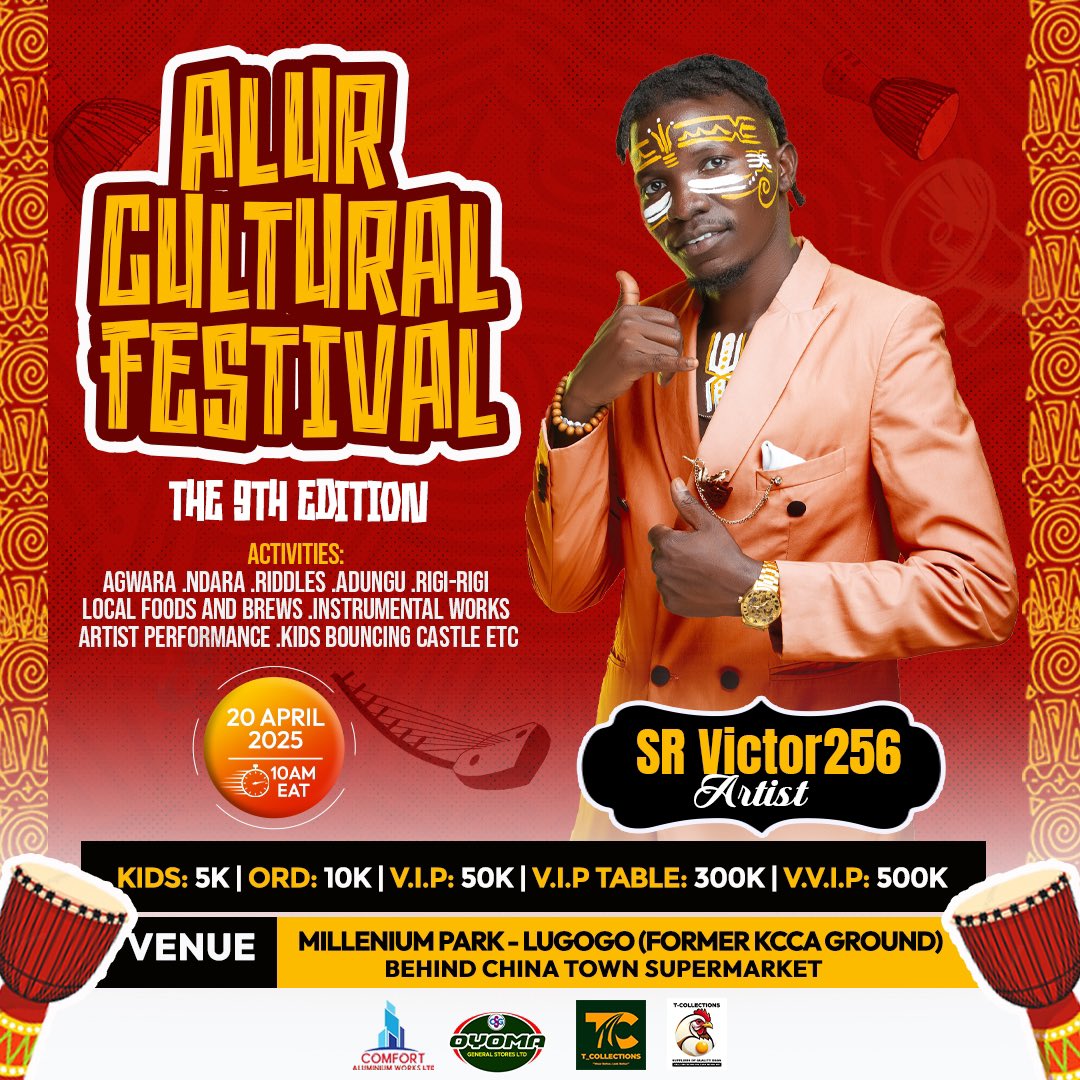 Let’s vibrantly celebrate heritage, rhythm, unity &amp; bring tradition to life with every beat, dance, and story

20th April 2025 at 10am
Millennium Park Lugogo
10k 50k VIP 300k Table 500k VVIP

#AlurCulturalFestival #SRVictor256