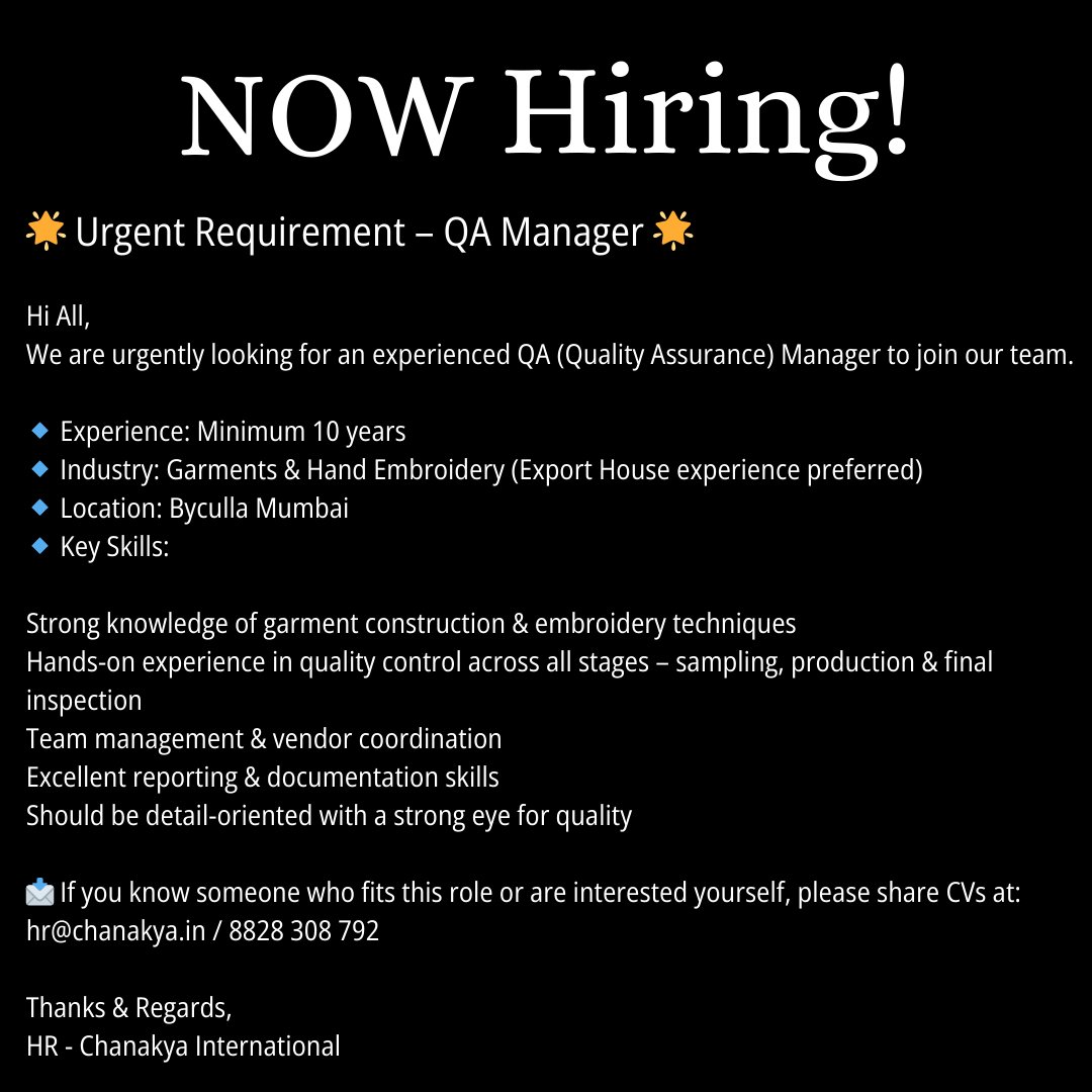 texappjobs's tweet image. kindly note, Don&apos;t pay any money to HR if not mentioned in job details

#KnitwearJob
#TextileJobOpening