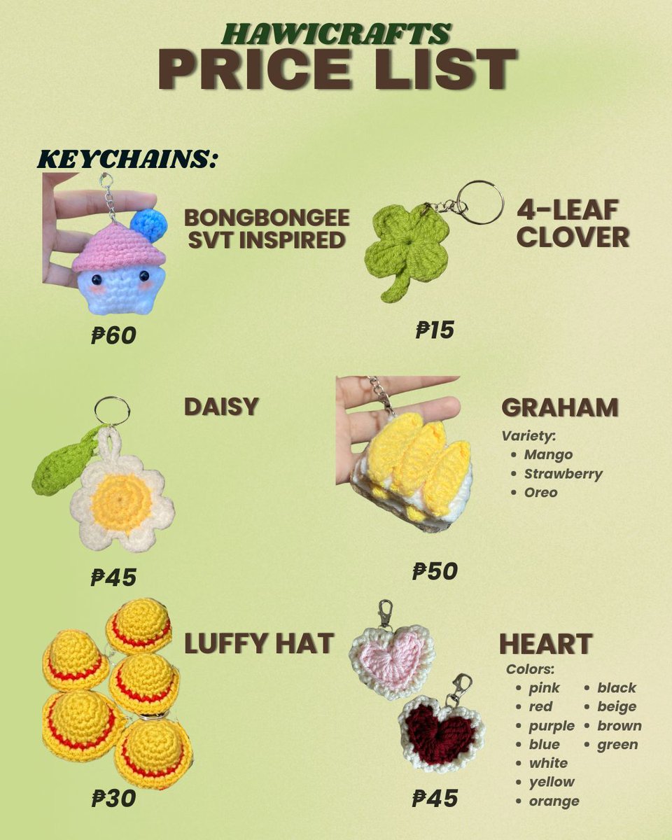 intothreeracha's tweet photo. i know i've been inactive here but i'll give this a shot.

i'm open for commission, bulk, &amp; custom
updated crochet pricelist ✨
— 100% handmade by me 
— 4 days - 1 week work process depends on size and quantity.  
— DM for inquiries and order  

wts lfb ph crochet svt keychain https://t.co/94MPXSUlal