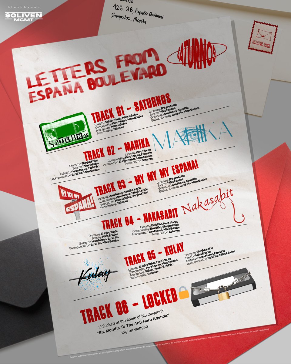📼 TRACKLIST for #SATURNOS1STEP! 

【Letters From España Boulevard】
   — 04. 21. 25 

Presave now on blushhyunn.carrd.co ❤️‍🔥

#SATURNOS_MAHIKA #SMTTAA_WP #SixMonthsTheRising
