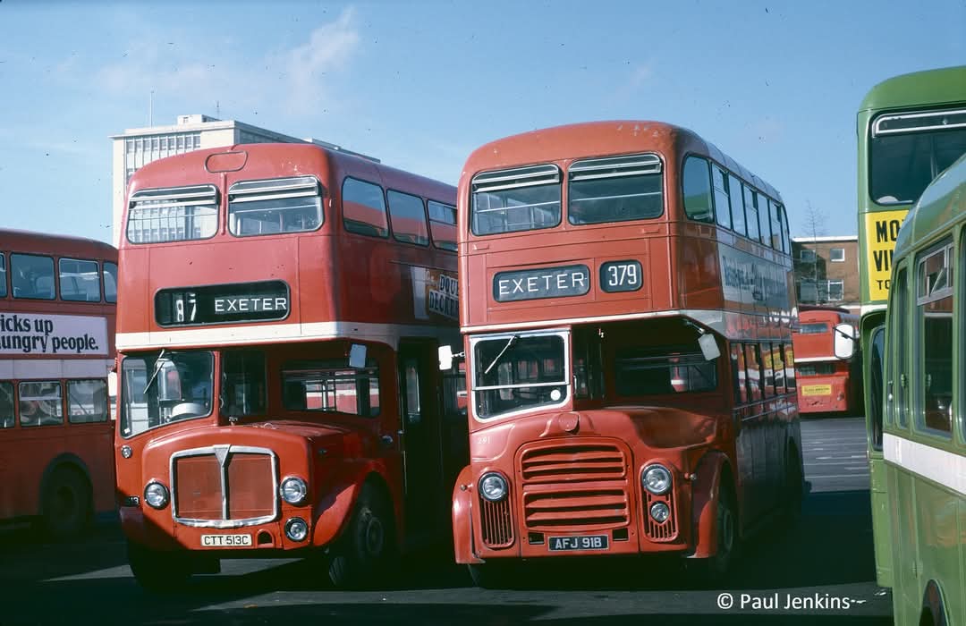 1980 was the final year for Devon General's fleet of AEC Regent Vs, &amp; the Leyland Titans it inherited from Exeter City Transport. One of each type is seen at Exeter coach station in February 1980 - AEC Regent V CTT 513C &amp; Leyland Titan PD2A AFJ 91B.
Picture credit: Paul Jenkins