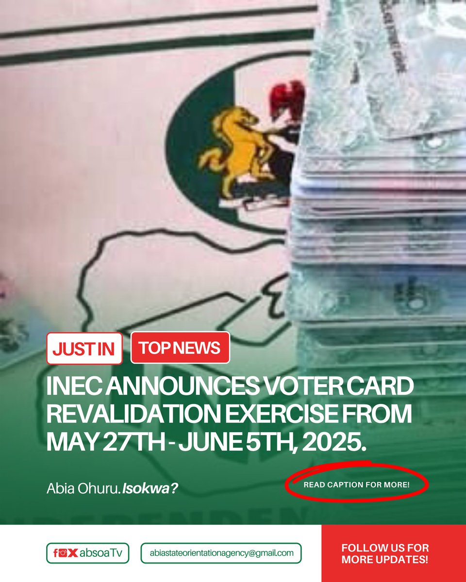 absoaTv's tweet photo. INEC has set May 27 to June 5, 2025, for new voter registration, card transfer, and replacement of lost cards. Donโt miss your chance to update your details!
#INEC #VoterRegistration #CivicDuty #GetYourPVC #AbiaState #Abia #Absoa #Absoatv https://t.co/pygcYx2ktK