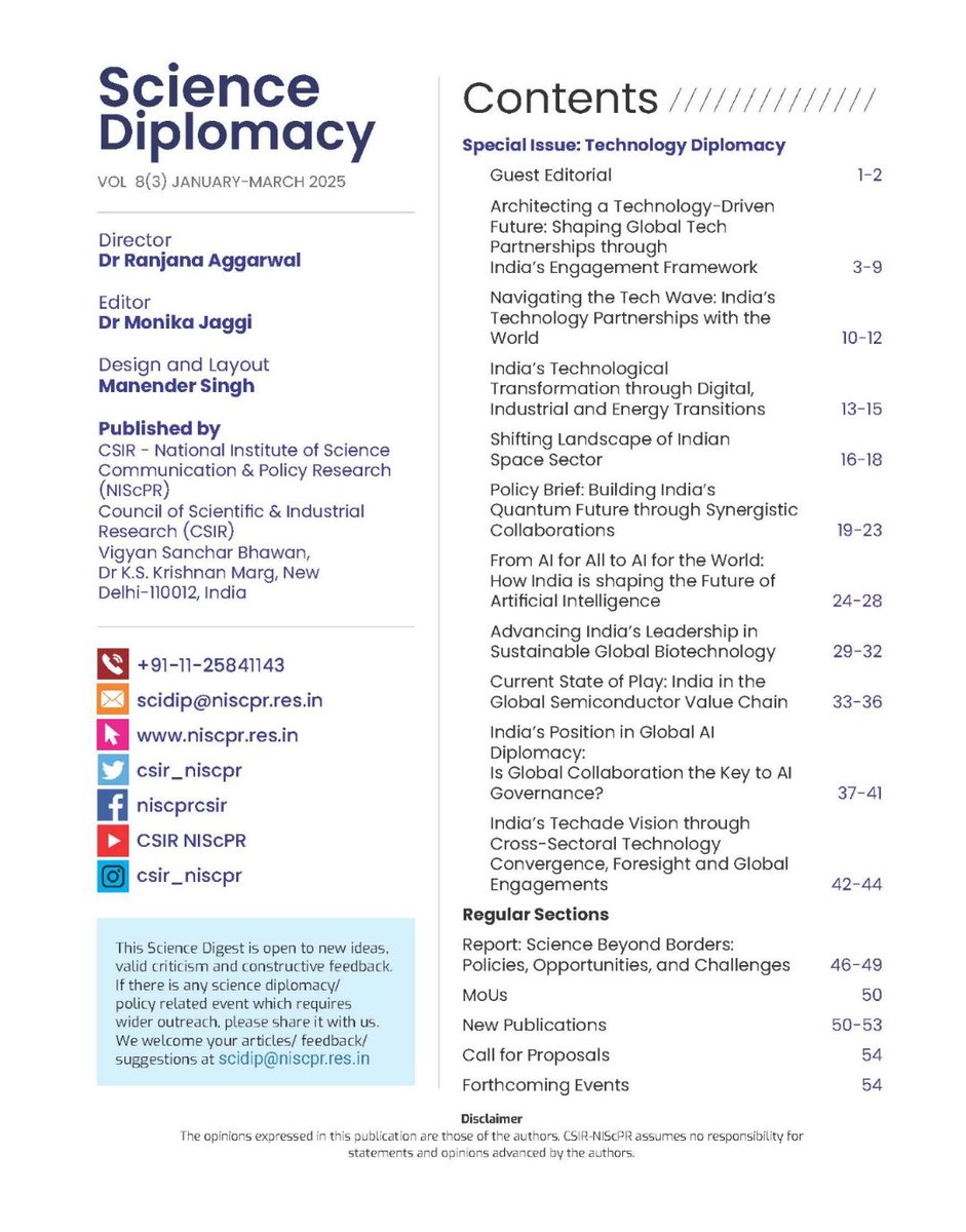 CSIR_NIScPR's tweet image. Delve into the special issue of #ScienceDiplomacy @CSIR_NIScPR on #TechDiplomacy, featuring insights from #TechDialogue2025 with @PrinSciAdvOff. Explore India&apos;s strategic engagements in technologies like #AI #quantum #spacetech. 

Read here: 🔗niscpr.res.in/periodicals/sc…

@CSIR_IND