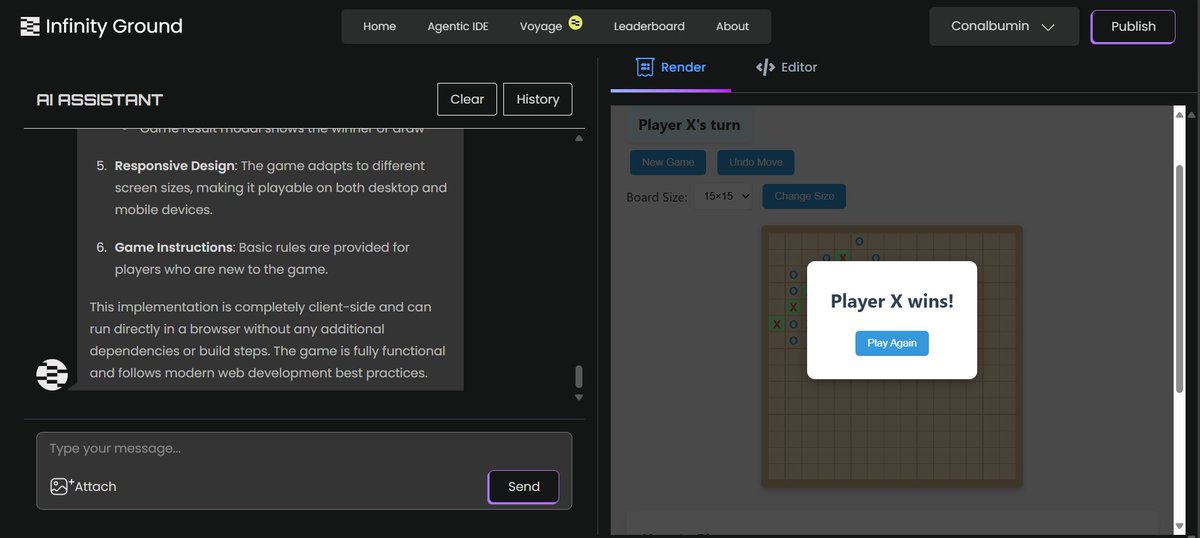 WZoolly's tweet photo. Today I finally have some free time to try @infinityg_ai and decide to test it with a simple game #Caro - #XO game

I just simply type "help me to create a caro game" and wait for 3-4 minutes and guess what? 

More below 👇👇
#Irys #AI #codingvibe https://t.co/bkwoFMu0WE
