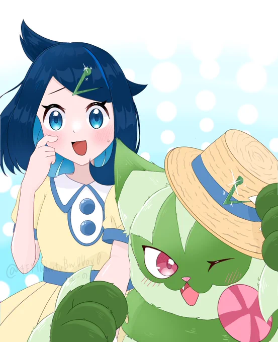 お揃いが嬉しくていろんな人に自慢してまわるニャローテ #アニポケ #リコ #ニャローテ #pokemon #pokemonfanart #ポケモンGO