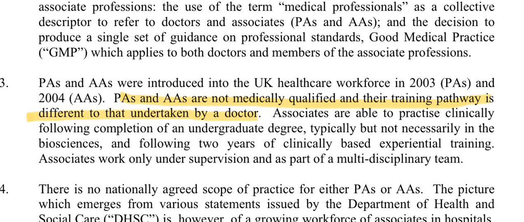 parthaskar's tweet photo. Just reading the judgement..

Here’s what the judge says:

If you are looking for a “Medically Qualified” professional? 

A #PhysicianAssociate is NOT medically qualified 

They are “differently trained” which no one knows what it means. 

PAs are MEDICALLY NON-QUALIFIED “medical professionals” - thanks to @gmcuk 🤣

You can do mental gymnastics as much as you want - but medically qualified you aren’t - now- as per the law too.

Stop duping the public. 

@lengreview @DHSCgovuk 

What a clown show the NHS has turned it self into 🤡