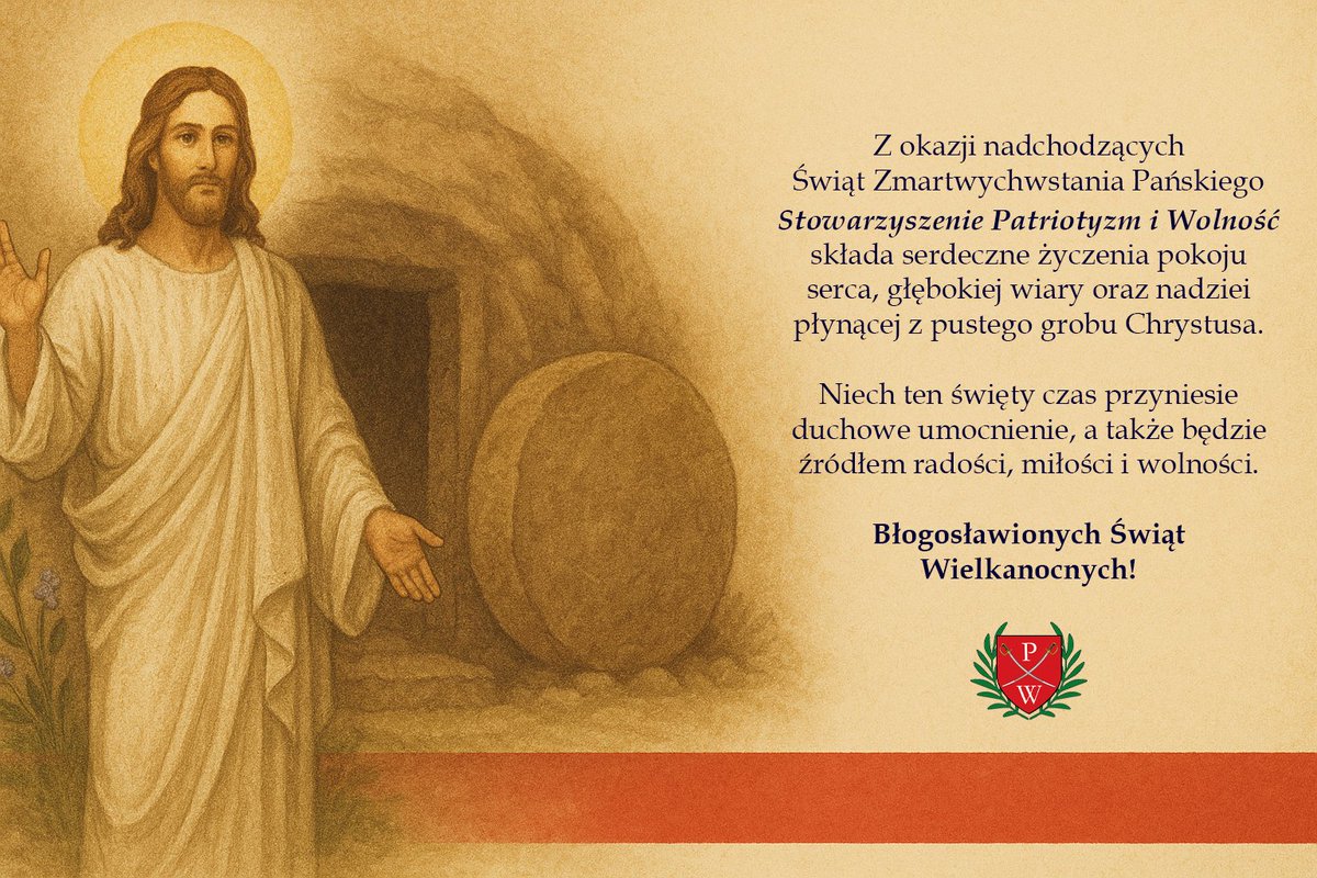 Patriot_Wolnosc's tweet photo. Z okazji Świąt Wielkiej Nocy życzymy wszystkim głębokiego przeżycia Tajemnicy Zmartwychwstania Pańskiego. Niech radość płynąca z pustego grobu umacnia Waszą wiarę, daje nadzieję w trudnych chwilach i rozpala miłość do Boga, Ojczyzny i drugiego człowieka.
SPiW https://t.co/EIVXLhXukP