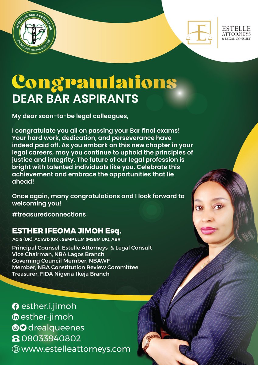 drealqueenes's tweet photo. CONGRATULATIONS DEAR BAR ASPIRANTS!

My dear soon-to-be legal colleagues,

I congratulate you all on passing your Bar final exams! Your hard work, dedication, and perseverance have indeed paid off. As you embark on this new chapter in your legal careers, may you continue to... https://t.co/D3OENMEImG