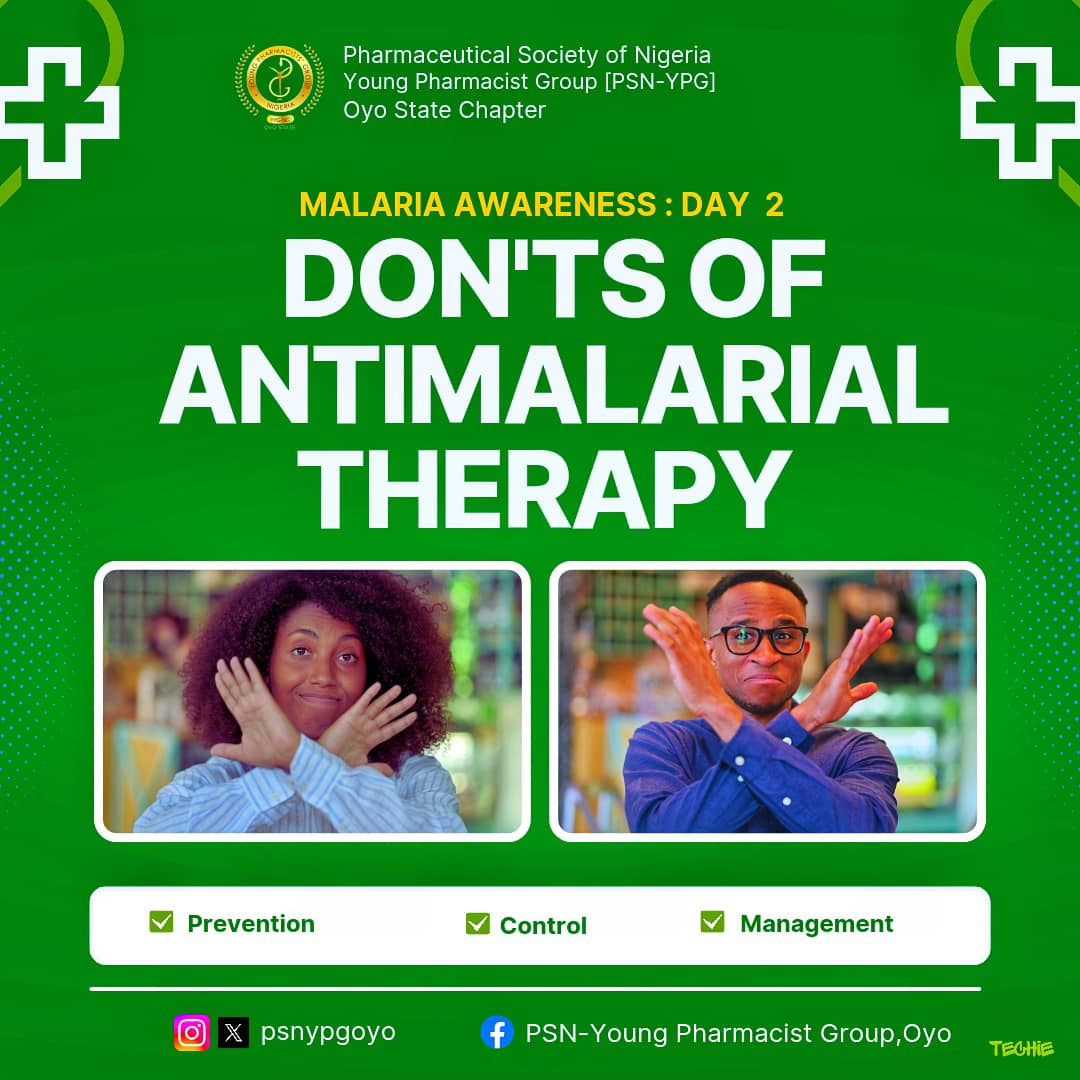 psnypgoyo's tweet photo. 7-DAY MALARIA AWARENESS CAMPAIGN: DAY 2

DON'TS OF ANTIMALARIAL THERAPY

Appropriate use of antimalarials helps you get better soonest and reduce chances of developing resistance to medications.

Do not take vitamin C or blood tonic with antimalarials. https://t.co/d2fyxPiWn4