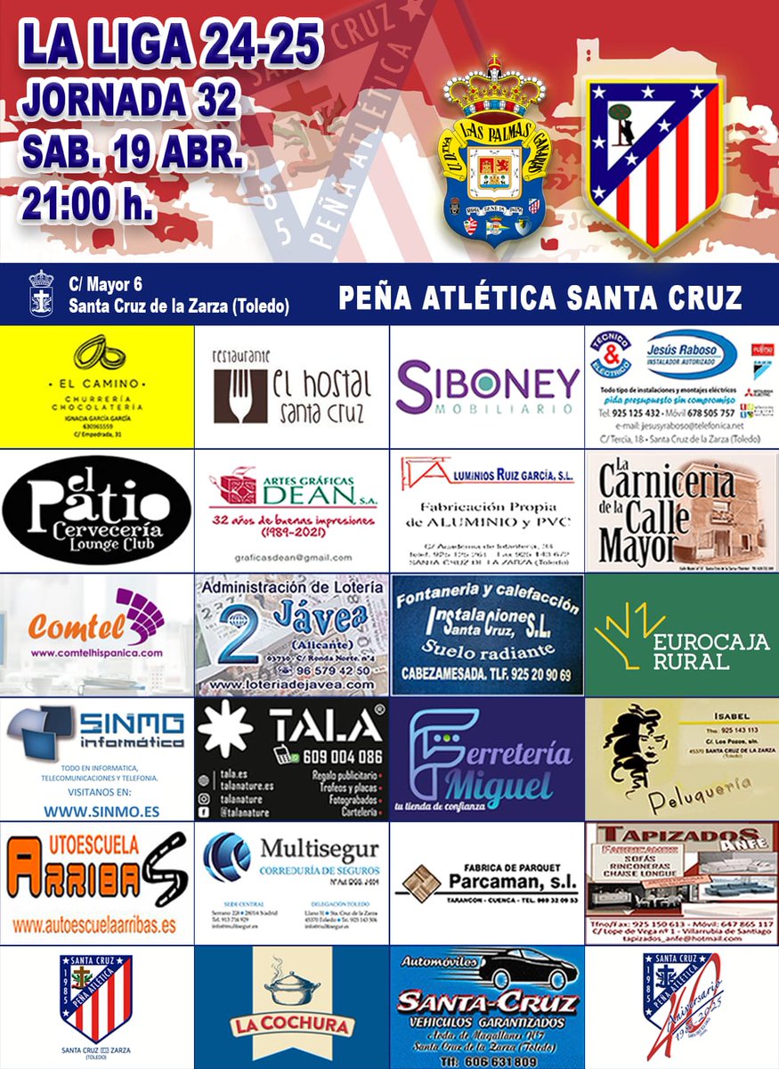 PA_SantaCruz's tweet photo. 🔴⚪DIA DE PARTIDO🔴⚪

📌 HOY SÁBADO 19 de ABRIL, a las 21:00, disputamos el encuentro correspondiente a la jornada 32 de liga en el que nos enfrentamos a la  U.D. Las Palmas

 Así que ya sabes, vente a la sede a ver el partido con unos KUBIS BIEN FRESQUITOS.
#AupaAtleti
❤️🤍❤️ https://t.co/QeIXVvRQRZ