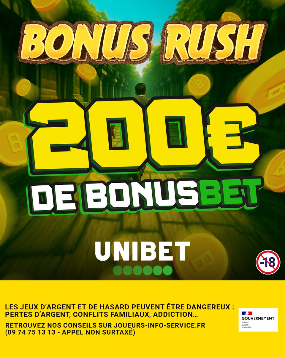Unibet France 🔞 (@unibetfrance) on Twitter photo 🤩 Les 3 jours 𝘽𝙤𝙣𝙪𝙨 𝙍𝙪𝙨𝙝 sont lancés !
🏃♂️ On s'échauffe en douceur avec 10 x 20€ de BonusBet à gagner 🪙
👉 RT/Follow <a href="/UnibetFrance/">Unibet France 🔞</a> + #BonusRush + ton pseudo 🤩 Les 3 jours 𝘽𝙤𝙣𝙪𝙨 𝙍𝙪𝙨𝙝 sont lancés !
🏃♂️ On s'échauffe en douceur avec 10 x 20€ de BonusBet à gagner 🪙
👉 RT/Follow <a href="/UnibetFrance/">Unibet France 🔞</a> + #BonusRush + ton pseudo