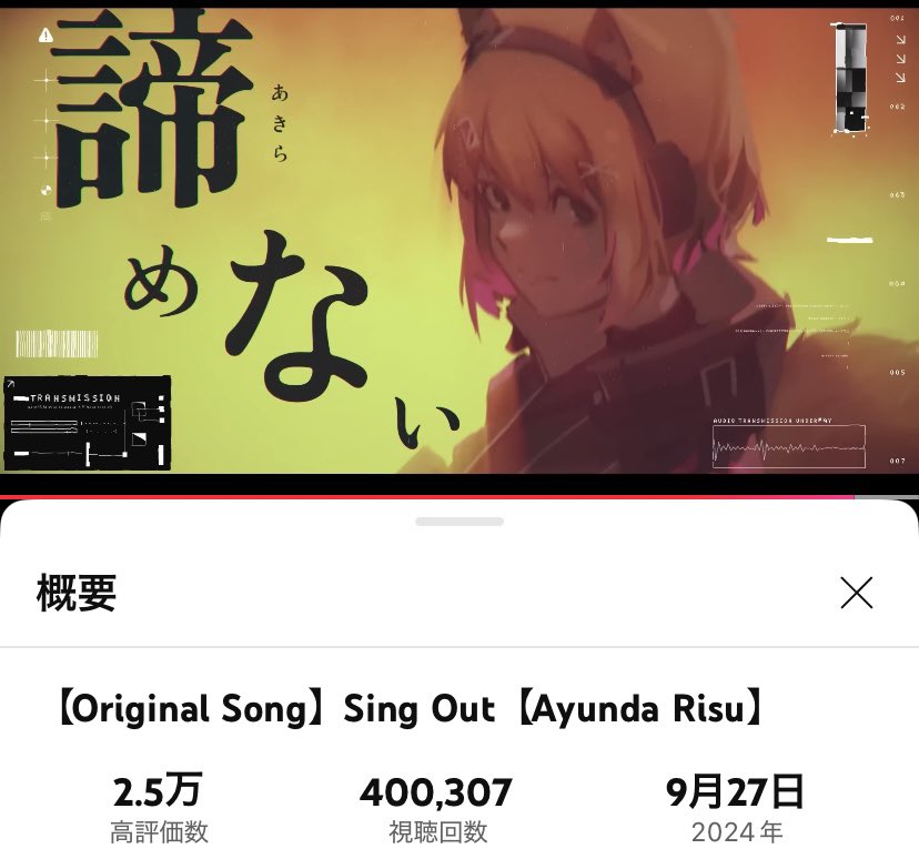 5u9vfIj9ldamv0B's tweet photo. "メトロポリス"に引き続き"Sing Out"MVも40万回再生達成！！おめでとう！！🥳🎉
曲ももちろんですが、このMVに出てくるサイバー衣装のリスちゃんのイラストが本当にカッコいいので是非チェックしてみてください👍✨
#Ayunda_Risu
#Sing_Out https://t.co/oplkHgqXmo