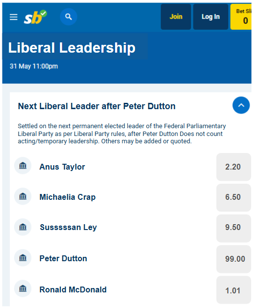 Finzensen's tweet photo. The odds for next Liberal leader are out.....wow! #auspol #libspill https://t.co/D1Zci5hVVl