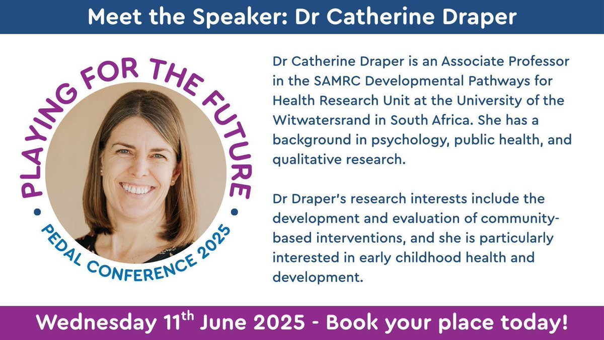 PEDAL Cam (@pedalcam) on Twitter photo We'll be joined at the #PEDALConference2025 by keynote speaker <a href="/DrCathD/">Catherine Draper</a>, Associate Professor in the SAMRC Developmental Pathways for Health Research Unit at <a href="/WitsUniversity/">Wits University</a> in South Africa
Learn more at: pedalhub.net/conference2025โฆ
Book your tickets at: pedalhub.net/conference2025 We'll be joined at the #PEDALConference2025 by keynote speaker <a href="/DrCathD/">Catherine Draper</a>, Associate Professor in the SAMRC Developmental Pathways for Health Research Unit at <a href="/WitsUniversity/">Wits University</a> in South Africa
Learn more at: pedalhub.net/conference2025โฆ
Book your tickets at: pedalhub.net/conference2025