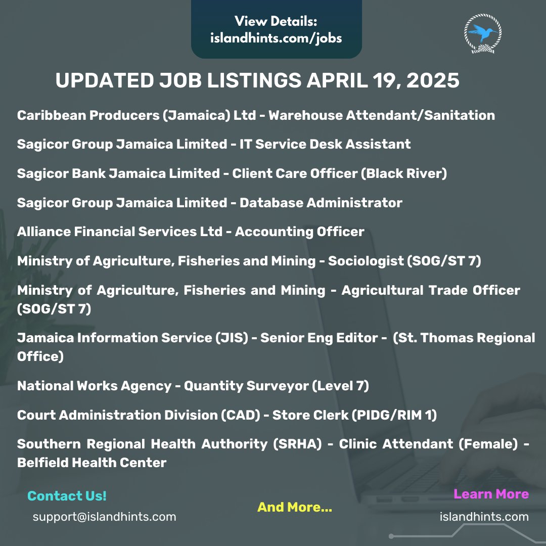 Explore these fresh openings:

🔗 Apply Now: Visit islandhints.com/jobs for direct links to all listings.

⚠️ Applications cannot be submitted on our website. Follow the job listing for full details.

👥 Tag someone who’s job hunting &amp; follow <a href="/islandhints/">Islandhints</a> for daily updates!