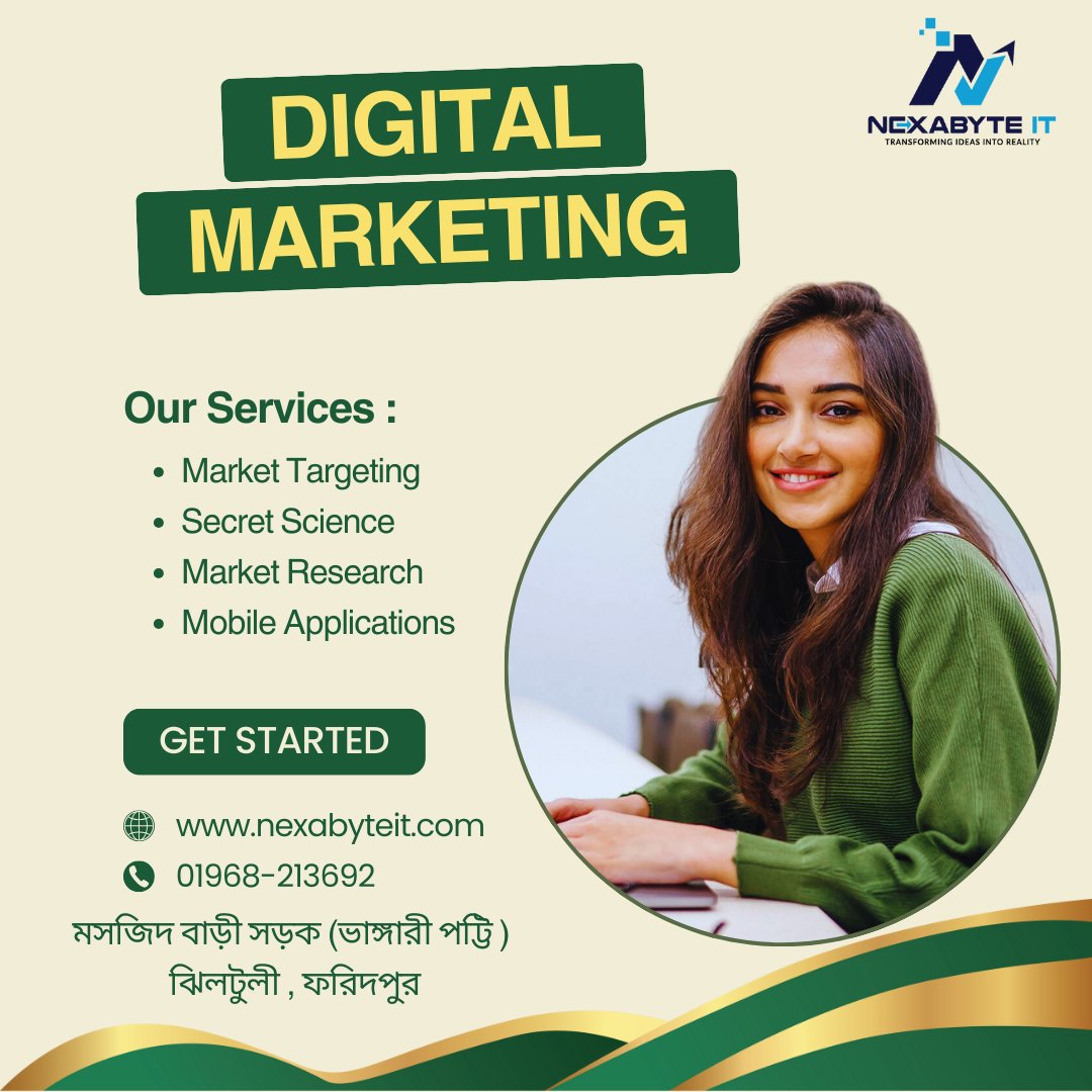 📢 আপনার ব্যবসাকে নতুন উচ্চতায় নিয়ে যান! 🚀
আপনার ব্যবসার জন্য কি ডিজিটাল মার্কেটিং দরকার? 💡 Nexabyte IT দিচ্ছে আপনার ব্র্যান্ডকে অনলাইনে প্রচারের সম্পূর্ণ সমাধান!