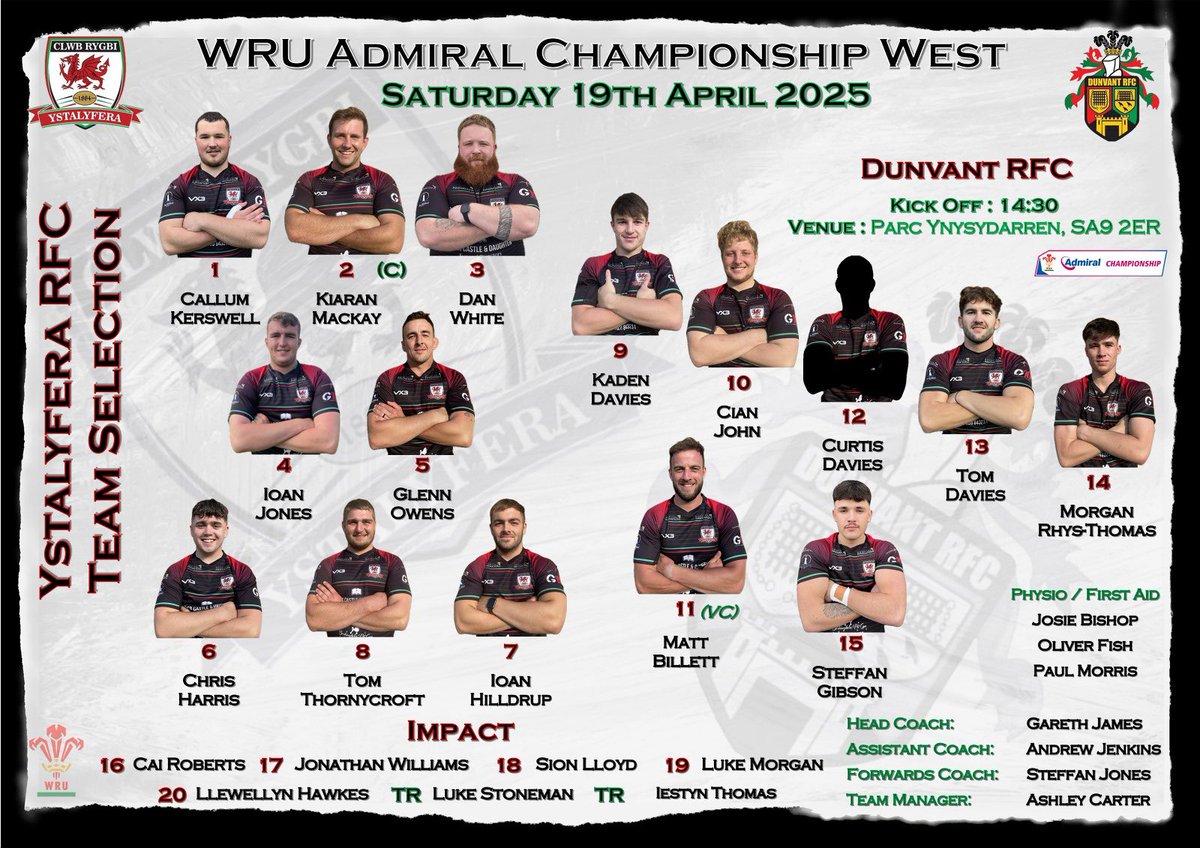 Team Announcement 

<a href="/ystalyferarfc/">YstalyferaRFC</a> V <a href="/DunvantRFC/">Dunvant Rugby Club</a> 

🏆 <a href="/WRUChampionship/">WRUNationalChampionship (East + West)</a> West
🗓️ Saturday 19th April 2025
🕝 KO 2:30pm
📍 Parc Ynysydarren, SA9 2ER

<a href="/AllWalesSport/">All Wales Sport</a>
