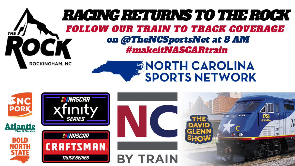 TheNCSportsNet's tweet photo. IT’S RACEDAY IN THE 
BOLD NORTH STATE 🏁

Follow us throughout the day as @DavidGlennShow &amp; @themikewaddell 
travel from RALEIGH>ROCKINGHAM
via @NC_By_Train 

⭐️VIP Travel Direct to Track
⭐️No Traffic/Parking Drama
⭐️Free WiFi &amp; Comfy Seats

#makeitNASCARtrain 
#train2track https://t.co/uSvh2hdlSa