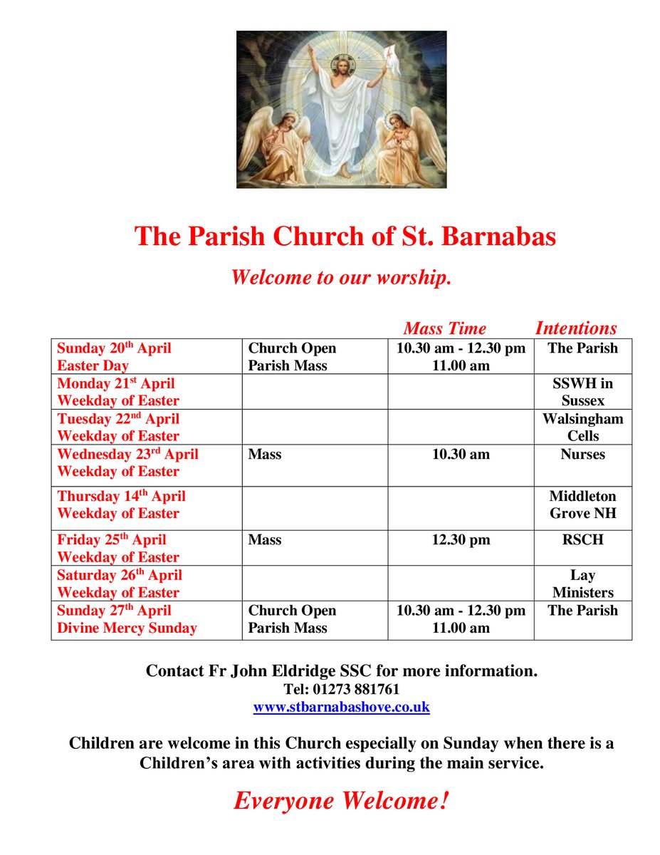 Here are the times for the church to be open for private prayer and Masses for the upcoming week.
#ChichesterDio #churchofengland #stbarnabas #hove #Sussex #ChiCathedral