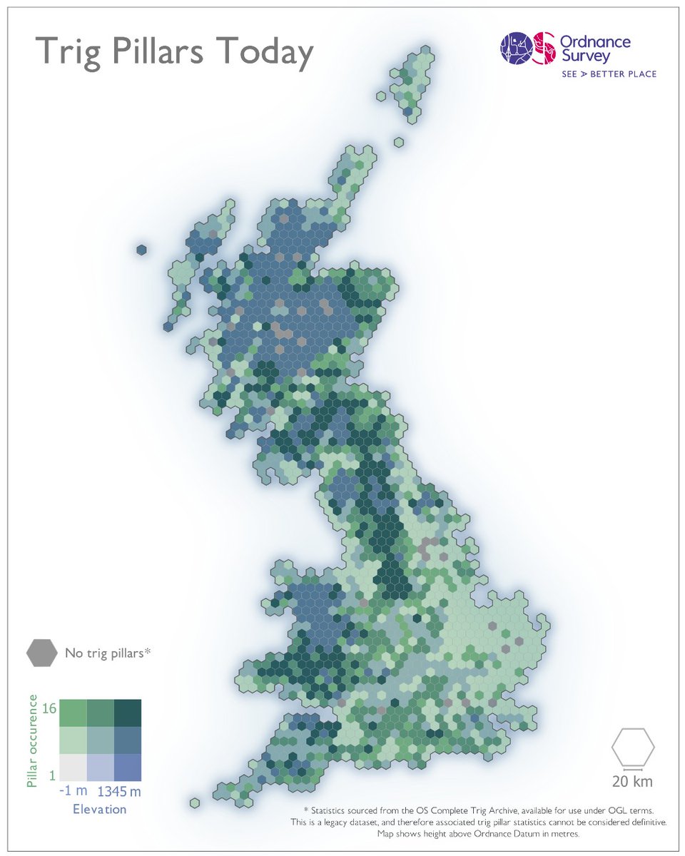 It's #TrigWeek! 🎉

This gridded cartogram uses data from the OS Complete Trig Archive (a legacy dataset) - revealing how trig pillar density relates to elevation across Great Britain.
