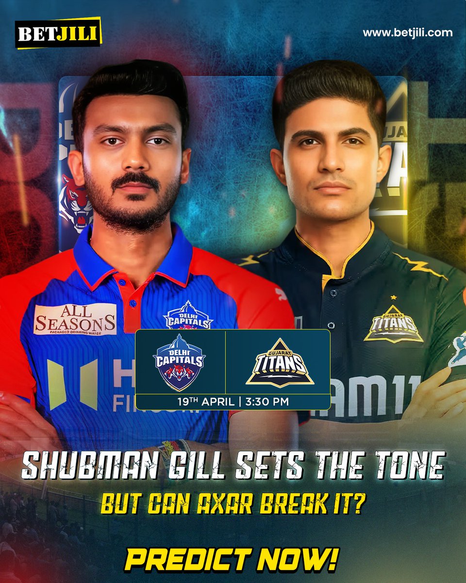 Betjiliofficial's tweet photo. Clash of Titans: Delhi Capitals vs Gujarat Titans
Who will reign supreme?
๐
Date: 19th April
๐Time: 7:30 pm
Predict the winner & win big! ๐ฏ
#betjili #iplmazaa #rcbvspbks #cricketthrill #predictnow #ipl2025 #cricketfans #rcb #pbks #t20fever https://t.co/AHSODsZYld