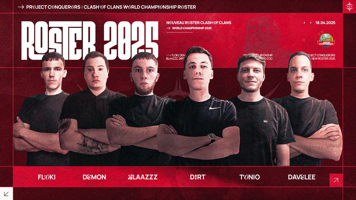 Project Conquerors (PCS) (@pcs_original) on Twitter photo 🔴| CLASH OF CLANS |⚫️
📢 ROSTER 2025
Après une entrée TONITRUANTE dans la phase 2 des qualifs des WORLDS🌍, voici nos guerriers prêts à tout raser sur leur passage :
🔥@BlaaZzZ
🔥@Demon_CoC_
🔥<a href="/Floki_3012/">PCS Floki</a>
🔥@TTF_Dirt
🔥<a href="/TonioCoc30/">真实的ᴳᵒᵈTᴏɴɪᴏ</a>
🔥<a href="/davidllorente17/">David Llorente</a>
Bienvenue dans l’arène ! 🔴| CLASH OF CLANS |⚫️
📢 ROSTER 2025
Après une entrée TONITRUANTE dans la phase 2 des qualifs des WORLDS🌍, voici nos guerriers prêts à tout raser sur leur passage :
🔥@BlaaZzZ
🔥@Demon_CoC_
🔥<a href="/Floki_3012/">PCS Floki</a>
🔥@TTF_Dirt
🔥<a href="/TonioCoc30/">真实的ᴳᵒᵈTᴏɴɪᴏ</a>
🔥<a href="/davidllorente17/">David Llorente</a>
Bienvenue dans l’arène !