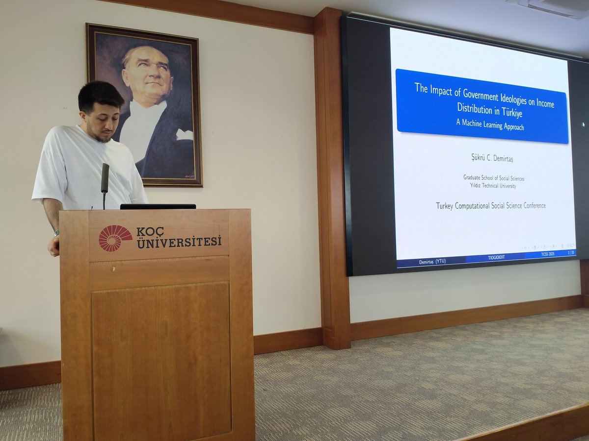 <a href="/ankarabilimuni/">Ankara Bilim Üniversitesi</a> Next at #TCSS2025: Şükrü Demirtaş from <a href="/YildizEdu/">Yıldız Teknik Üniversitesi</a> presents "The Impact of Government Ideologies on Income Distribution in Türkiye: A Machine Learning Approach" - applying computational methods to understand how political ideologies shape economic inequality.