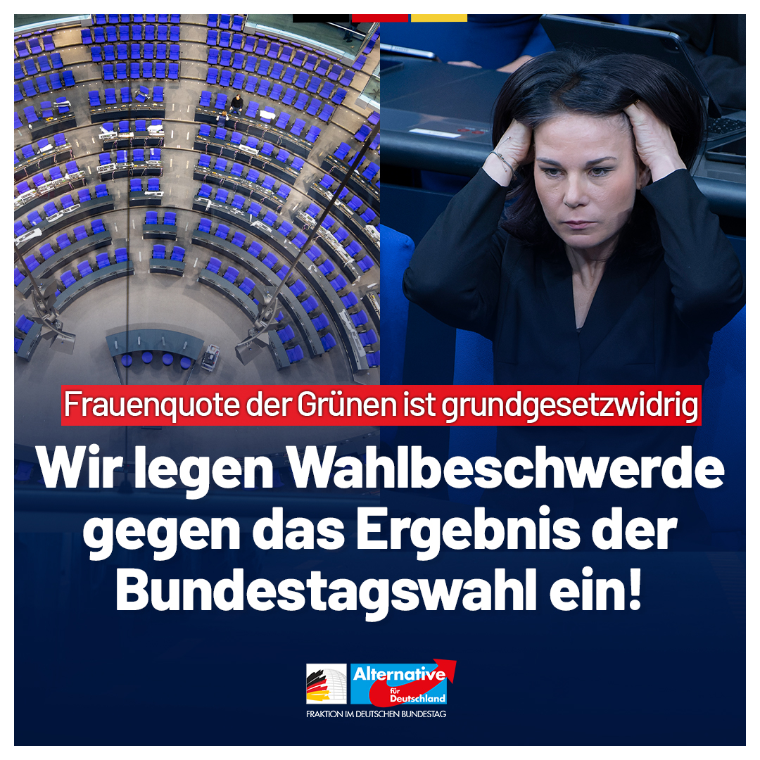 Wir haben offiziell Beschwerde gegen die Bundestagswahl vom 23. Februar 2025 eingelegt. Grund: Die Frauenquote der Grünen bei der Kandidatenaufstellung verstößt gegen die Wahlrechtsgleichheit und das Demokratieprinzip.
Das sogenannte „Frauenstatut“ der Grünen zwingt zu einer