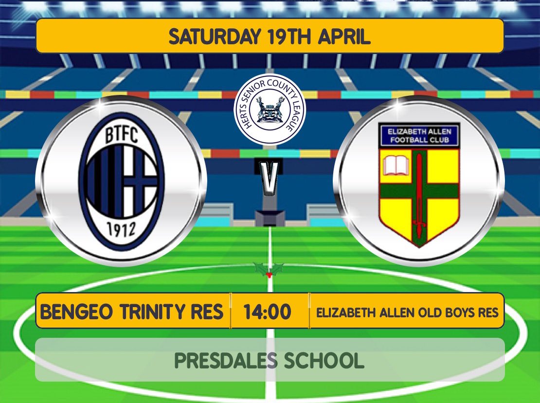 Bengeo Trinity FC (@bengeotrinityfc) on Twitter photo Reserves Matchday!
โฝ๏ธ Herts Senior County League, Div 6
๐ <a href="/EAoldboysFC/">Elizabeth Allen Old Boys FC</a> Reserves (H)
๐ 2pm KO
๐ Presdales School & Sixth Form
Hoe Lane, Ware, SG12 9NX
Come on down and support the lads! Reserves Matchday!
โฝ๏ธ Herts Senior County League, Div 6
๐ <a href="/EAoldboysFC/">Elizabeth Allen Old Boys FC</a> Reserves (H)
๐ 2pm KO
๐ Presdales School & Sixth Form
Hoe Lane, Ware, SG12 9NX
Come on down and support the lads!