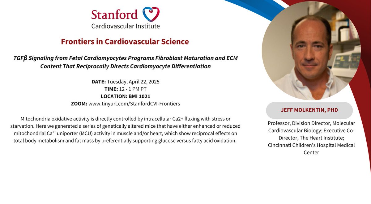 Joseph C Wu, MD, PhD (@joseph_c_wu) on Twitter photo Please join <a href="/StanfordCVI/">Stanford CVI</a> seminar on Tue 4/22 <a href="/12pm/">nour zohbi</a> PST by Jeff Molkentin <a href="/CincyKidsHeart/">Cincinnati Children's Heart Institute</a> <a href="/CincyChildrens/">Cincinnati Children's</a> speak on #ExtracellularMatrix #fibrosis #cardiomyocyte #differentiation
stanford.zoom.us/webinar/registā¦
<a href="/Stanford_ChEMH/">Sarafan ChEM-H</a> <a href="/SeanM_Wu/">Sean M Wu, MD PhD</a> <a href="/BCVSearlyCareer/">Basic Cardiovascular Sciences (BCVS) Early Career</a>
<a href="/ATVBEarlyCareer/">ATVB Early Career Committee</a> <a href="/vascularbiology/">NAVBO</a> Please join <a href="/StanfordCVI/">Stanford CVI</a> seminar on Tue 4/22 <a href="/12pm/">nour zohbi</a> PST by Jeff Molkentin <a href="/CincyKidsHeart/">Cincinnati Children's Heart Institute</a> <a href="/CincyChildrens/">Cincinnati Children's</a> speak on #ExtracellularMatrix #fibrosis #cardiomyocyte #differentiation
stanford.zoom.us/webinar/registā¦
<a href="/Stanford_ChEMH/">Sarafan ChEM-H</a> <a href="/SeanM_Wu/">Sean M Wu, MD PhD</a> <a href="/BCVSearlyCareer/">Basic Cardiovascular Sciences (BCVS) Early Career</a>
<a href="/ATVBEarlyCareer/">ATVB Early Career Committee</a> <a href="/vascularbiology/">NAVBO</a>