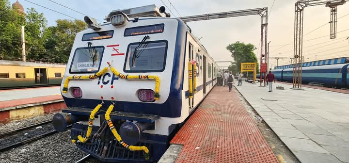 trainwalebhaiya's tweet image. Chennai gets its 1st AC local train! Launched today, this 12-coach EMU runs from Chennai Beach to Chengalpattu, built by ICF.
Features: automatic doors, CCTV, 5700 pax capacity. A cool ride for the hot summer!
#Chennai #ACLocal #IndianRailways #railnews