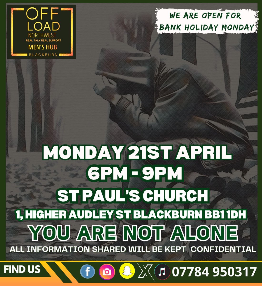 #OffloadNorthwest 
#MensHub 
#PeerToPeerSupport #MensMentalHealth 
#YouAreNotAlone 
#ConfidentialSupport 
#Blackburn 
#SupportForMen 
#MentalHealthMatters  
#MensSupport 
#CommunitySupport #MaleMentalHealth
#BreakTheStigma 
#SupportEachOther #MenSupportingMen