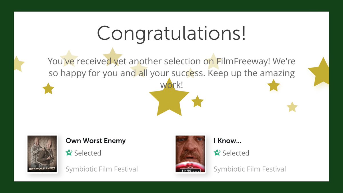 Philip Pugh (Filmmaker) #SupportIndieFilm (@philm_maker) on Twitter photo 🎬 A fantastic way to kick off Easter with TWO of our films accepted into the brilliant <a href="/FilmSymbiotic/">Symbiotic Film Festival</a> Film Festival.
🙏 Massive thanks for selecting both our feature “Own Worst Enemy” and short film “I Know…”.
🐣 Wishing everyone an amazing Easter. Have a wonderful weekend. 🎬 A fantastic way to kick off Easter with TWO of our films accepted into the brilliant <a href="/FilmSymbiotic/">Symbiotic Film Festival</a> Film Festival.
🙏 Massive thanks for selecting both our feature “Own Worst Enemy” and short film “I Know…”.
🐣 Wishing everyone an amazing Easter. Have a wonderful weekend.