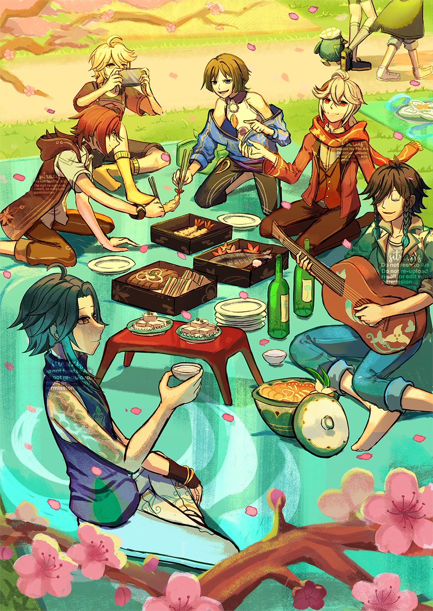 Hanami Picnic #GenshinImpact 
— my <a href="/Meriwether_Zine/">meriwether: Anemo Boys Zine ☁️🍃 PROJECT CLOSED!</a> piece ft. #Aether #Scaramouche #Kazuha #Heizou #Xiao #Venti