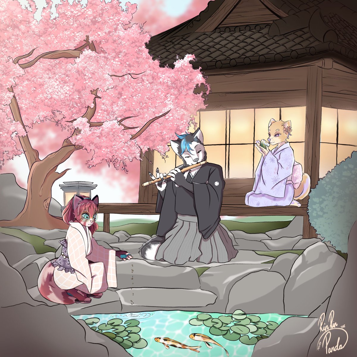 It is April and sakura season! 

Here is one of my previous comission work I did for <a href="/CodaFur/">Coda</a> 
Hope you like it 🌸💗

#artist #art #fursona #comissionwork #comissionart #noai #sakura #yukata #zengarden #shinobue #jinbei #shibainu #redpanda #spring #Alaskanmalamute