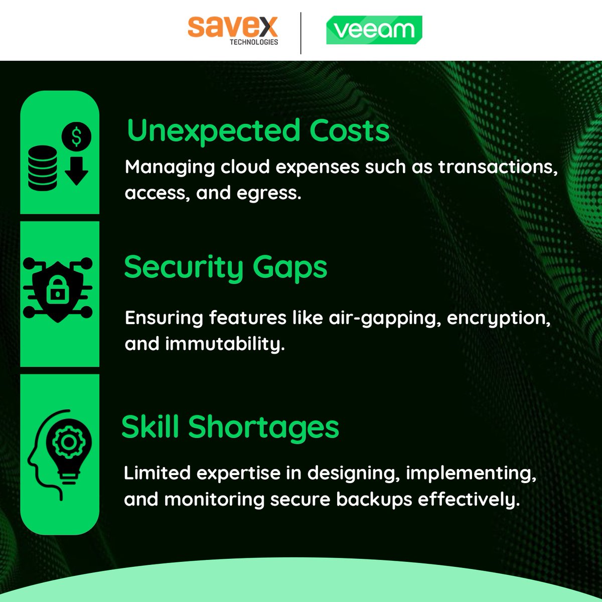 SavexTechnology's tweet image. As ransomware threats rise and cloud environments grow more complex, secure, efficient, and scalable backup solutions are no longer optional—they&apos;re essential.
For more details mail us at Marketing@savex.in

#VeeamDataCloud #Microsoft365 #CloudBackup #DataProtection