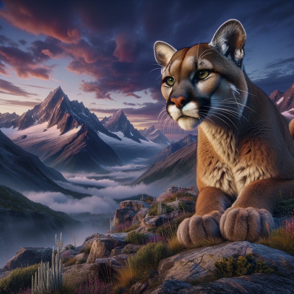 A majestic puma, with sleek tawny fur and piercing green eyes, crouches on a rugged mountain ledge at dusk. The backdrop features towering, snow-dusted peaks under a vibrant sky streaked with hues of orange and purple. Sparse alpine vegetation and rocky outcrops surround the