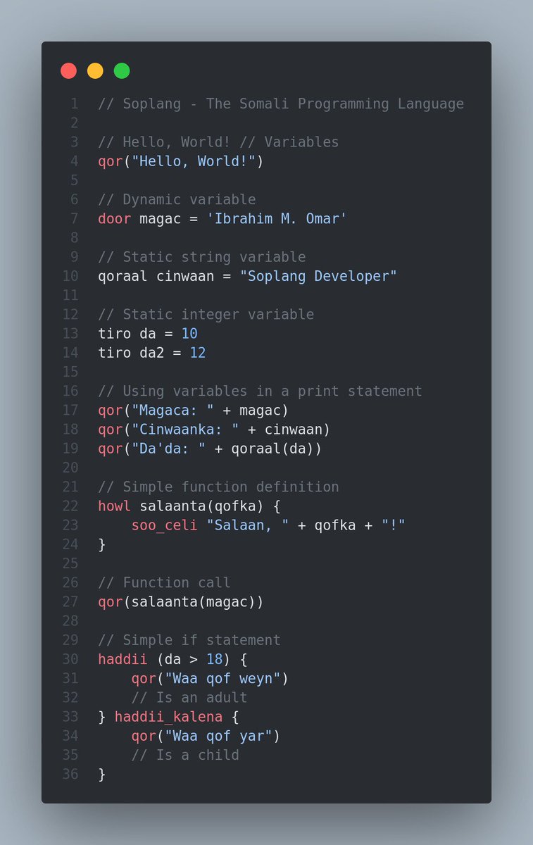 Ibra_Omar101's tweet photo. Soplang – Programing language-kii Ugu Horrayay ee Af Soomaali ah

Markii ugu horraysay, waxaa la sameeyay luqad programing rasmi ah oo ku qoran Af Soomaali – waa Soplang.

Waa tallaabo hal-abuur leh oo Soomaalida u horseedaysa inay si buuxda uga qeybqaataan horumarka teknolojiyadda, iyaga oo aan ka tagin afkooda hooyo. Soplang ma ahan oo kaliya luqad programming, balse waa fure lagu furayo mustaqbal cusub oo uu Soomaali kasta ka noqon karo halyey teknoolojiyeed.

Maxay tahay Soplang?

Soplang waa luqad programing ah oo casri ah oo si gaar ah loogu dhisay in lagu barto, laguna horumariyo programing-ka iyadoo la adeegsanayo Af Soomaali. Waxay u oggolaaneysaa qof kasta, oo bilow ah ama horay aax uga baxsanaayeen — inuu si sahlan u fahmo asaasiga programing-ka iyada oo aan carqalad luqadeed jirin.

Waxay sidoo kale la timid qaab-dhismeed koodh oo fudud, ereyo si xeel dheer loo turjumay, iyo dukumintiyo laba luqadood ah (Soomaali & Ingiriis), taasoo ka dhigaysa luqad u furfuran qof kasta oo danaynaya cilmiga software-ka.

Maxay muhiim u tahay luqadani?

• Waxbarasho ku saleysan Af Soomaali: Baro programing-ka adigoo adeegsanaya erayo aad si dabiici ah u fahmi karto.

• Kobcinta xirfadaha IT-ga ee Soomaalida: Soplang waxay ka dhigeysaa barashada coding-ka mid la heli karo oo la fahmi karo.

• Il barasho furan (Open Source): soplang waa furantahay, wax baad ka baran kartaa, waxna waa ka beddeli kartaa ama wax baa ku darsan kartaa.

Ku biir dhaq-dhaqaaqan taariikhiga ah!

• Website: https://t.co/nXBWZfjUvl
• GitHub: https://t.co/9OoG2DJICA
• X (Twitter): https://t.co/BCdHKaCbPt
• Facebook: https://t.co/Ugm6IdJz3M

Waxaan la soo bandhigi doonaa dhammaadka bishaan version-kiisa 2.0. 

Waa waqtigii aan qori lahayn mustaqbalkeenna, annaga oo aan afkeena ka tagin.