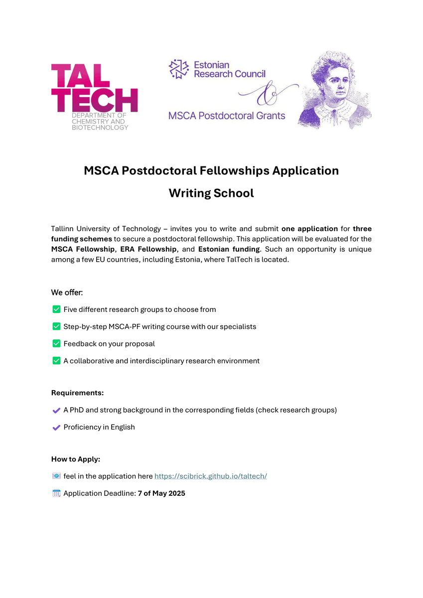 Looking for an MSCA postdoc supervisor to write your proposal with?

TalTech offers 5 positions in:
🔬 Chemistry
🧬 Gene tech
🥗 Food tech
Includes a Proposal Writing School to boost your success!

📌 Apply: scibrick.github.io/taltech/

#MSCA #Postdoc #TalTech #ResearchOpportunity