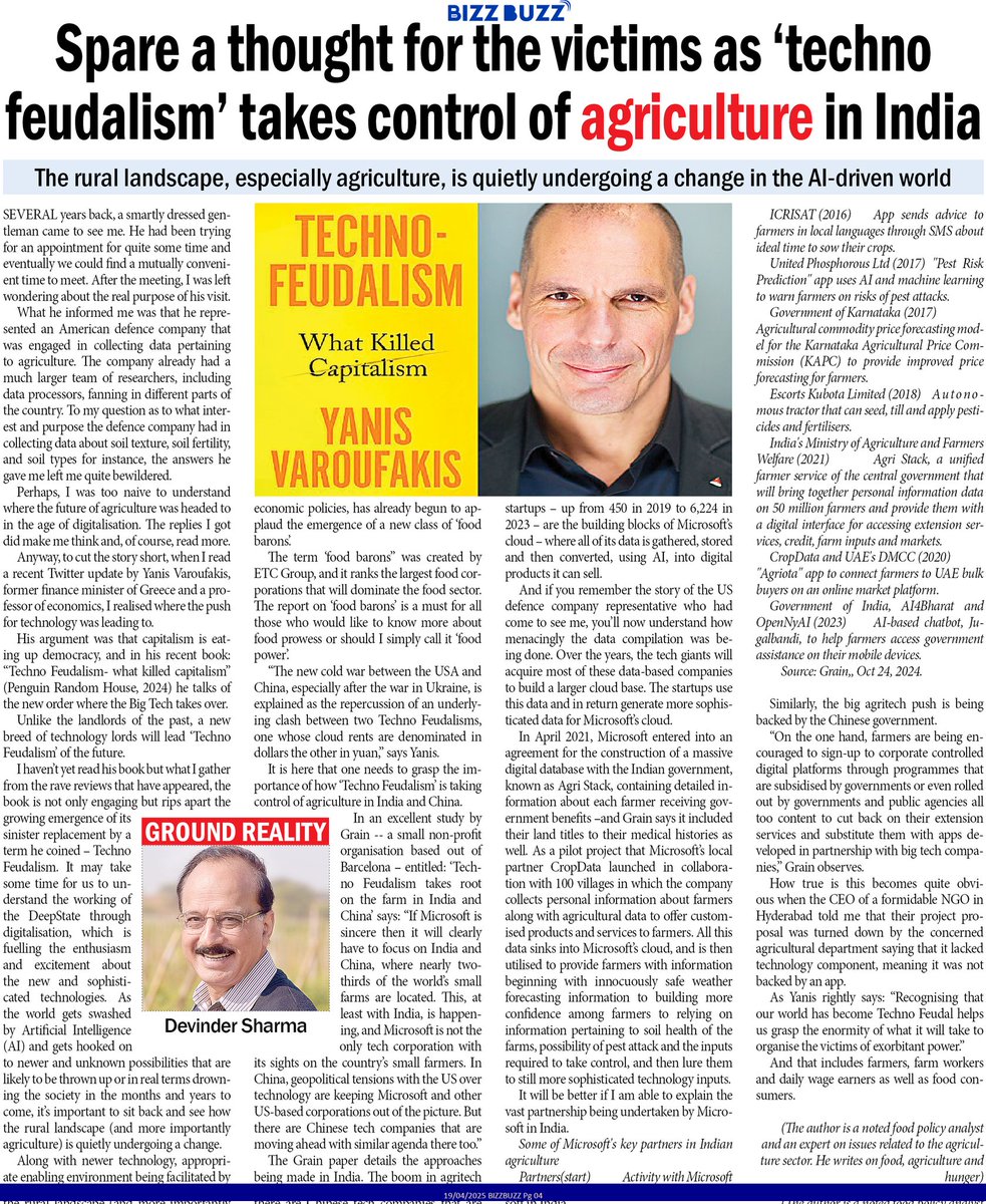 Devinder_Sharma's tweet photo. Time to know how Techno-feudalism is taking over agriculture in India and China, slowly but steadily. My article.#BizzBuzz @yanisvaroufakis @GRAIN_org @ETC_Group @AgriGoI https://t.co/TAWGikaIrg