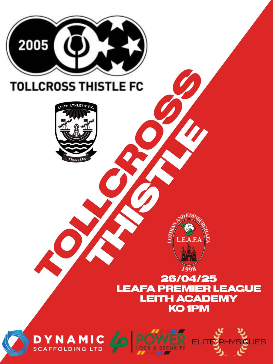 Next 🆙 for <a href="/TollcrossTh/">Tollcross Thistle</a> 

🆚 <a href="/LAFCAmateurs/">Leith Athletic Amateurs</a> 
🗓 Saturday 26th April
🕒 1pm
🏟 Leith Academy
🏆 League

👨🏻‍💻<a href="/LeafaOfficial/">Official_LEAFA</a> <a href="/ScotAmFA/">Scottish Amateur FA</a> <a href="/OfficialCatchup/">Official Catchup</a> <a href="/FootballNation/">Football Nation</a> <a href="/DavidRamage10/">David Ramage</a> <a href="/FNTeamwear/">FN Teamwear</a> <a href="/east_saltoun/">Ian Robertson</a> <a href="/SWPhotography07/">SW Photography 📸🇳🇬⚽️🇳🇬</a>