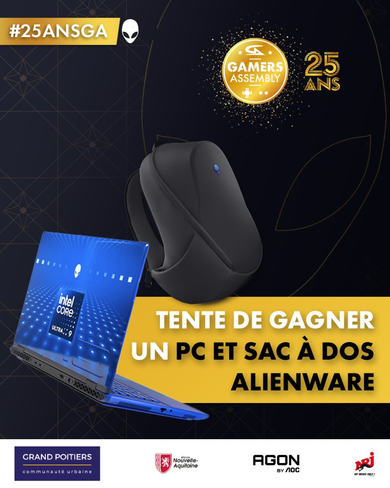 Il est l'heure de célébrer les #25ANSGA avec un énorme cadeau d'anniversaire ! 🎂

Tente de remporter ton PC portable gaming Alienware m16 R2 avec processeur Intel et un sac à dos AW5625P :

🔹 Poste avec #25ANSGA
🔹 RT ce post
🔹 N'oublie pas de check leur page Arena :