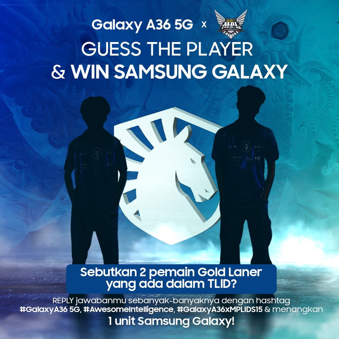 Sebutkan 2 pemain Gold Laner dari TLID &amp; menangkan 1 unit Samsung Galaxy!

RT, LIKE &amp; REPLY jawabanmu sebanyak-banyaknya dengan hashtag #GalaxyA36 5G #AwesomeIntelligence #GalaxyA36xMPLIDS15

Periode: 19 - 22 April 2025. Good luck! 💥