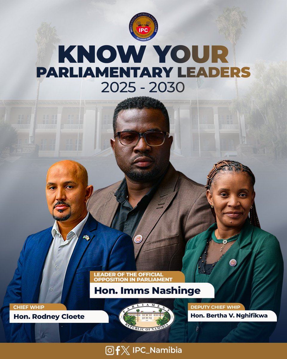 KNOW YOUR PARLIAMENTARY LEADERS 

Leader of Official Opposition in Parliament: Hon. Imms Nashinge
Chief Whip: Hon. Rodney Cloete
Deputy Chief Whip: Hon. Bertha V. Nghifikwa