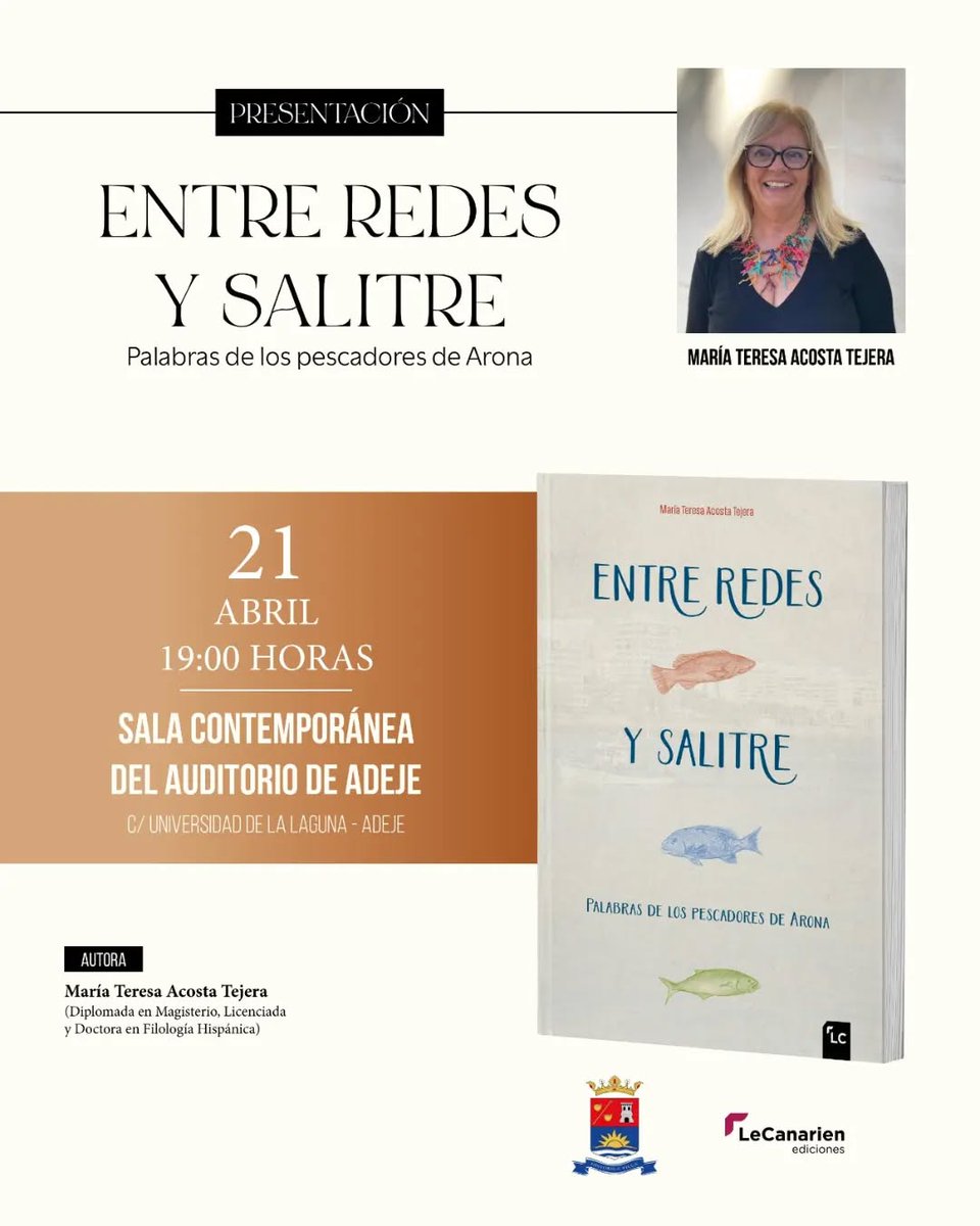 Presentación de "Entre redes y salitre".

María Teresa Acosta Tejera presentará su libro en la Sala Contemporánea del Auditorio de Adeje el próximo lunes 21 de abril a las 19:00. No te lo pierdas!!

LIBRO: lecanarienediciones.com/inicio/319-ent…
