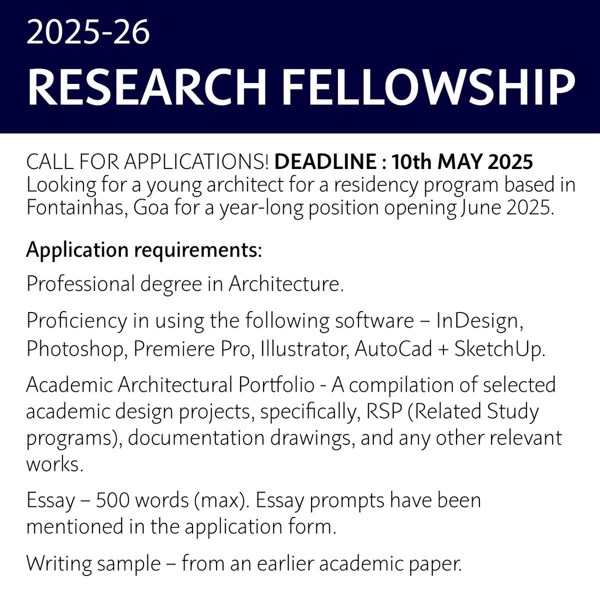 CCFGoa's tweet photo. CCF announces the 2025-2026 cycle of the Research Fellowship. Submit your applications by 10th May 2025.

Fellowship application form : https://t.co/FBHoNNyLN5

To know more: https://t.co/dvRwxphRQC

For any queries write to us at apply@charlescorreafoundation.org https://t.co/VpnSk7YUFO