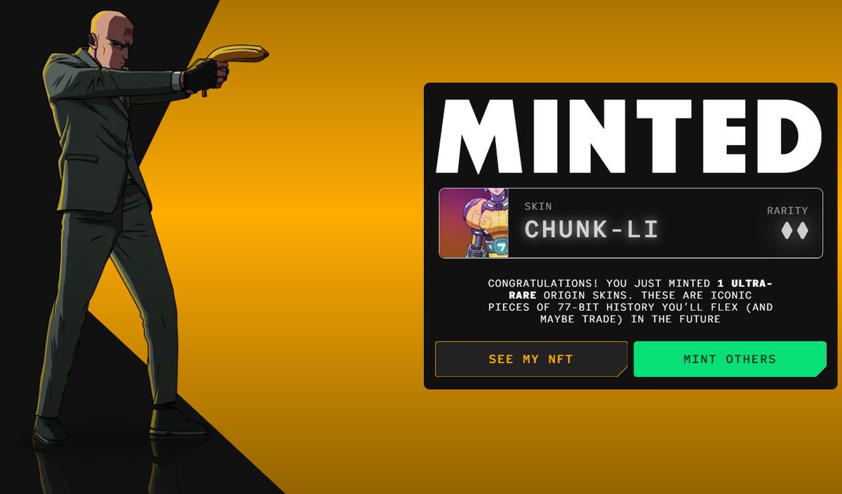 Si estuviste minando o probaste la beta del juego 77-Bit, revisa tu elegibilidad para el minteo de su ORIGIN SKINS NFT ‼️

En principio el minteo te debería salir GRATIS si llegaste a acumular un mínimo de 77K Bytes o probaste el juego

Compruébalo aquí:

🔗