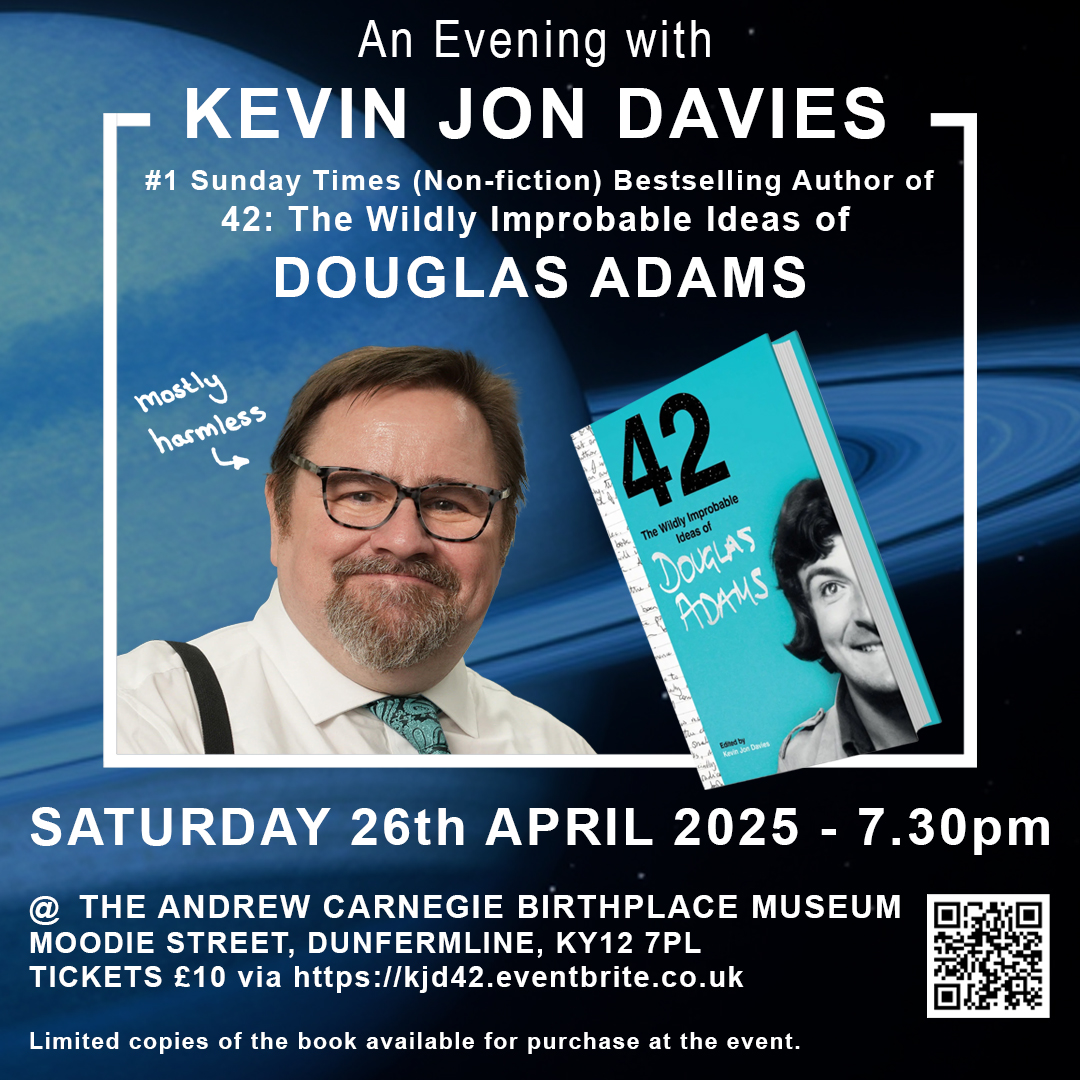 DunfRegTrust's tweet photo. Next weekend we celebrate Douglas Adams and The Hitchhiker's Guide To The Galaxy with the author of Sunday Times bestseller '42: The Wildly Improbable Ideas Of Douglas Adams'. 7.30pm Sat 26th April at the Carnegie Birthplace Museum, Dunfermline. Tix here: https://t.co/iIKL2qXesX https://t.co/zfjRQIG5SY